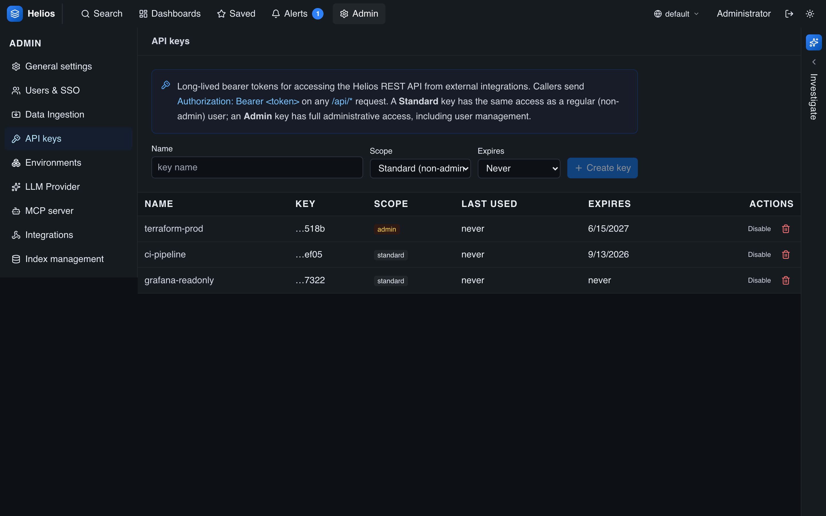 The API keys panel: named keys with admin/standard scope, last-used, and expiry