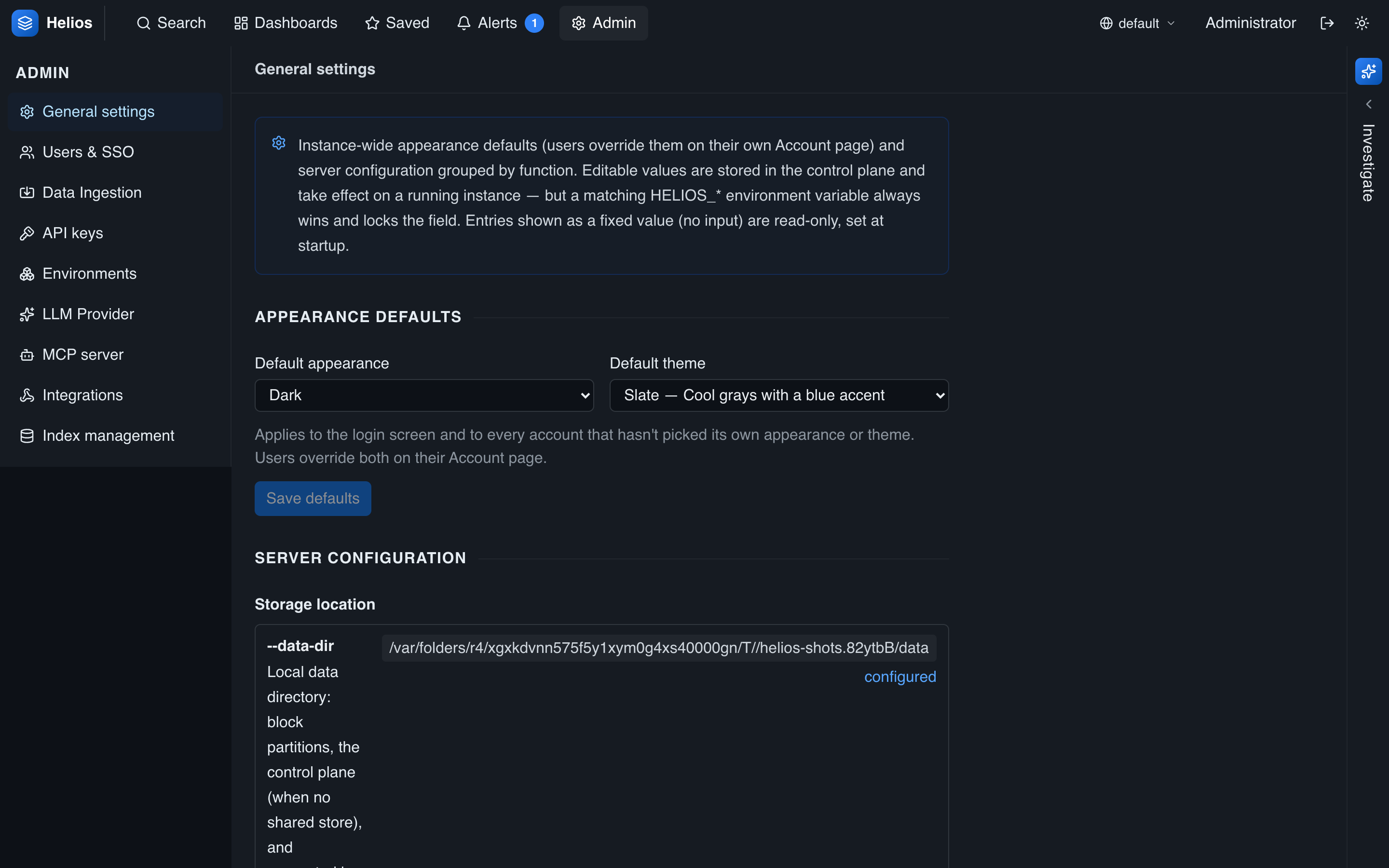 The admin console: the panel nav on the left (General, Users & SSO, Data Ingestion, API keys, Environments, LLM Provider, MCP, Integrations, Indexes)