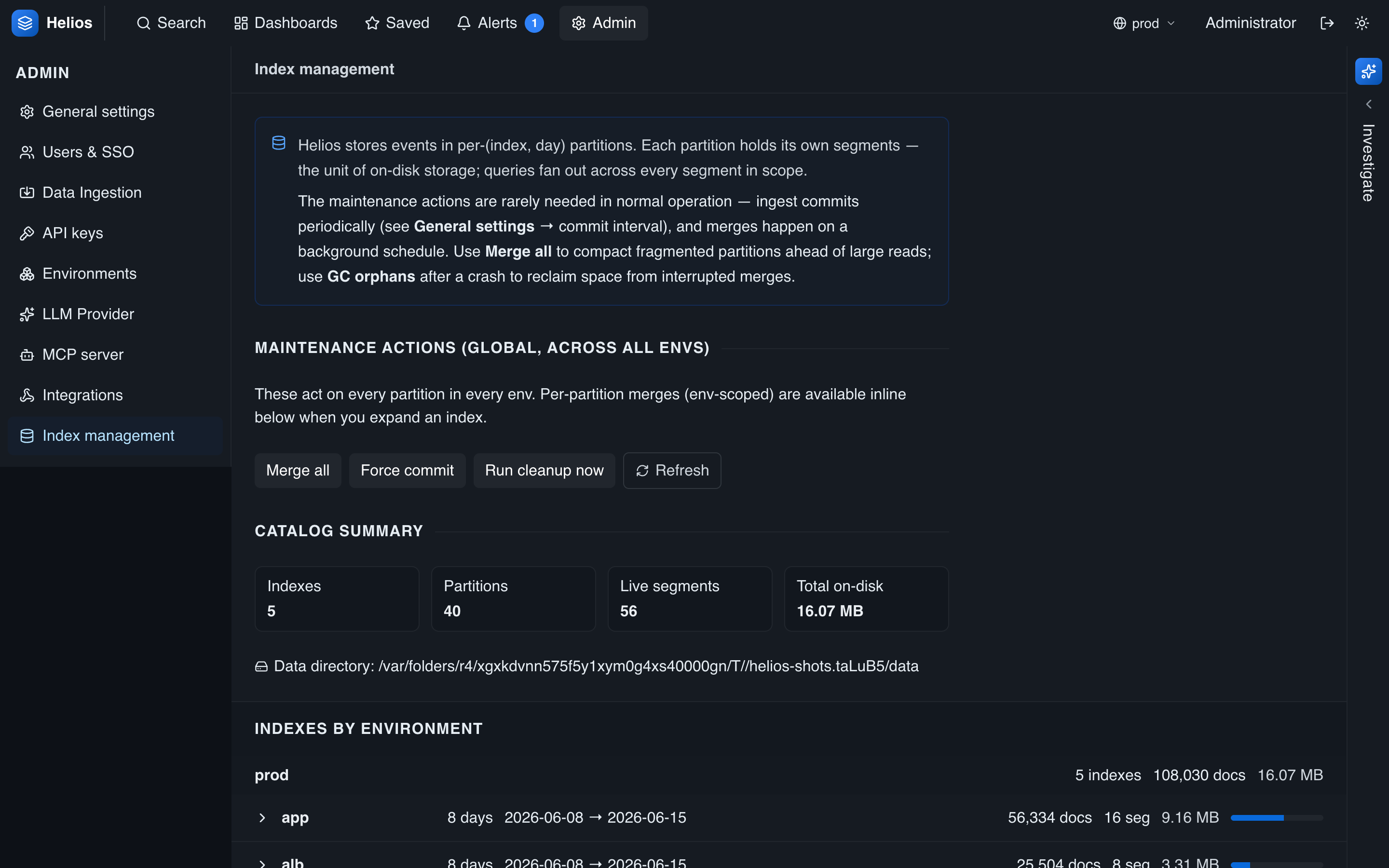 The Indexes panel: catalog summary and per-env index → day-partition rollup with doc/segment/size counts