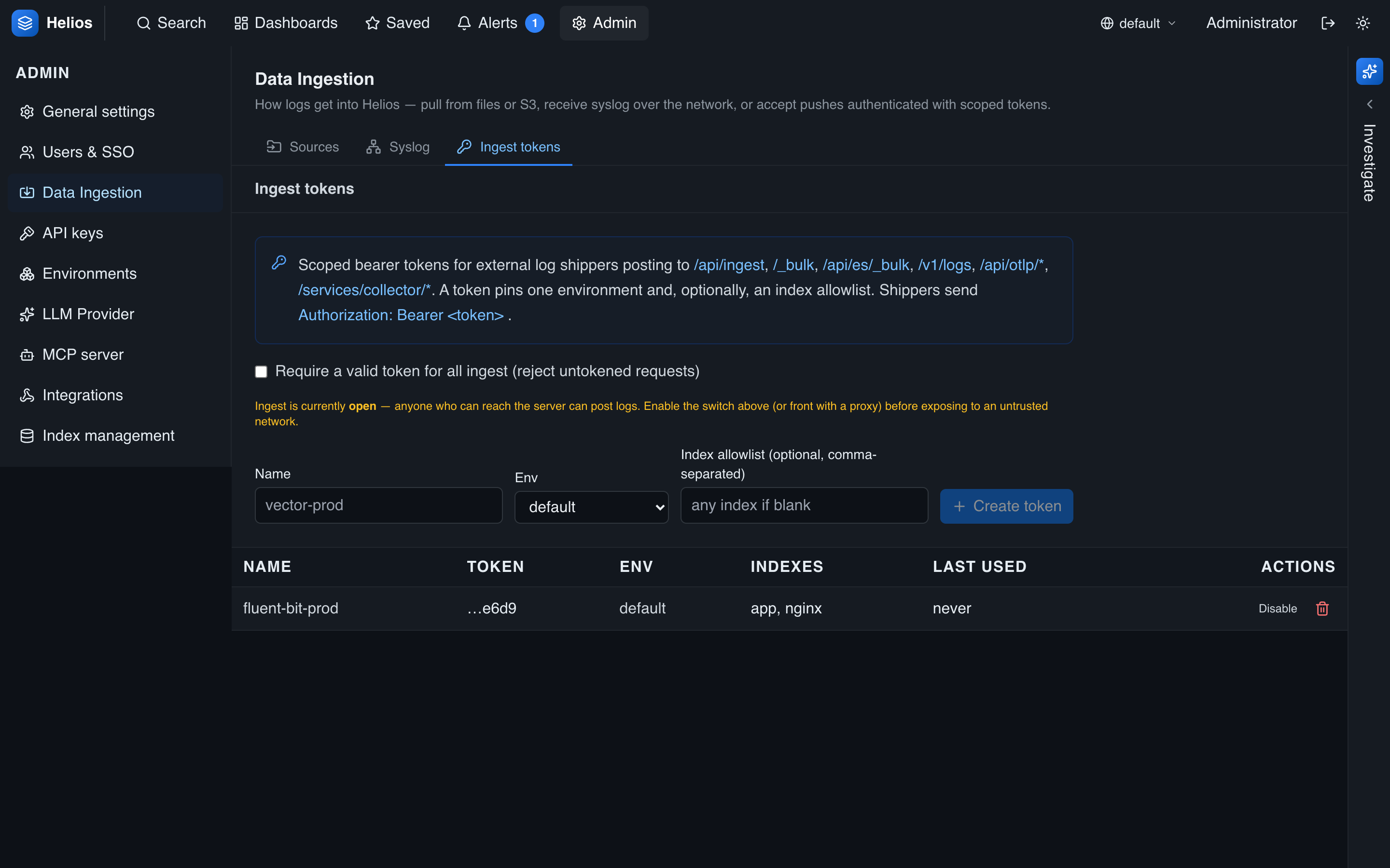 Admin → Data Ingestion → Tokens: require-auth switch, token creator, and token list