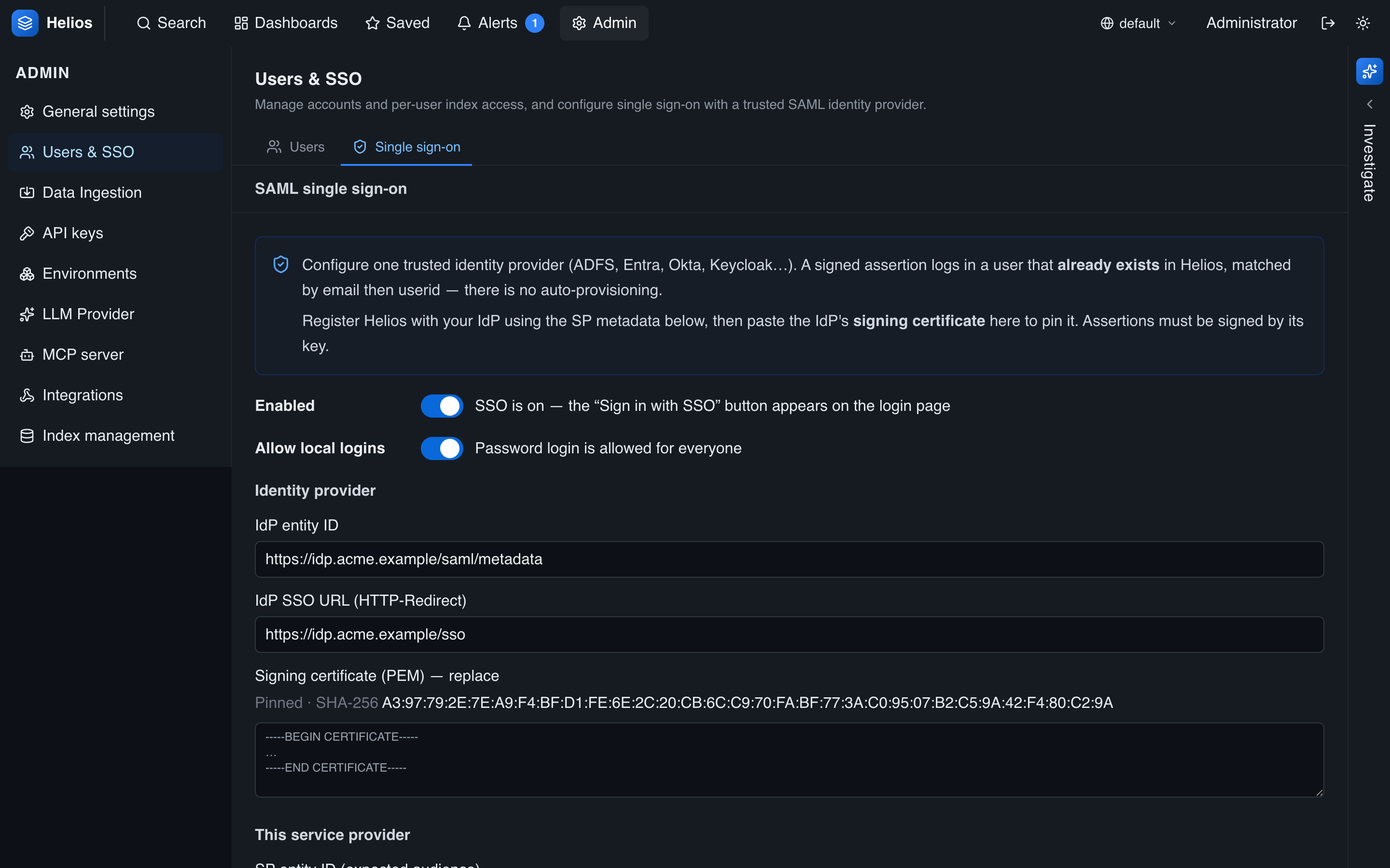 The SAML panel: enable SSO, the IdP entity ID / SSO URL, the pinned signing certificate, and the SP metadata