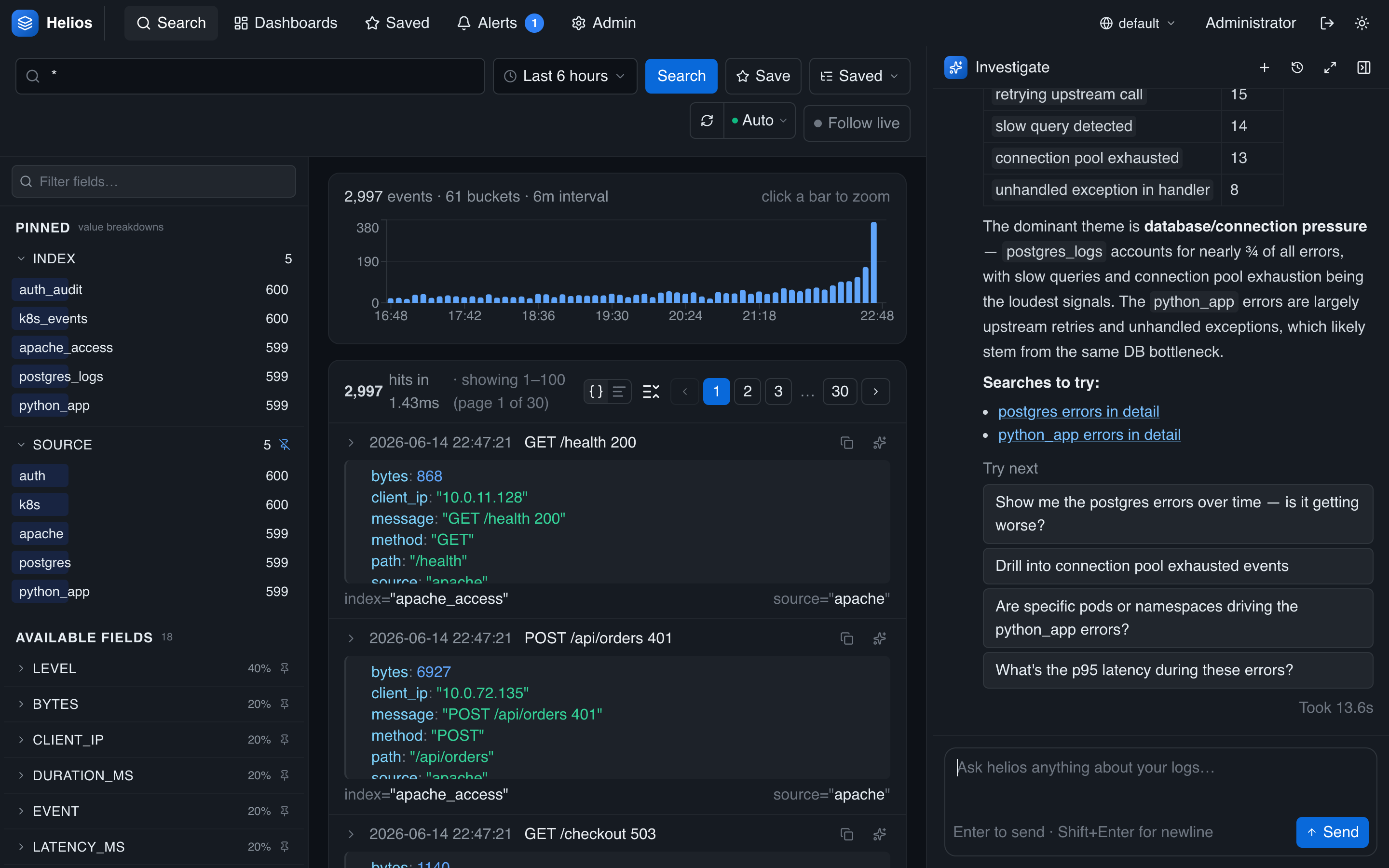 The agent investigating recent errors: it queries and aggregates, then summarizes the findings