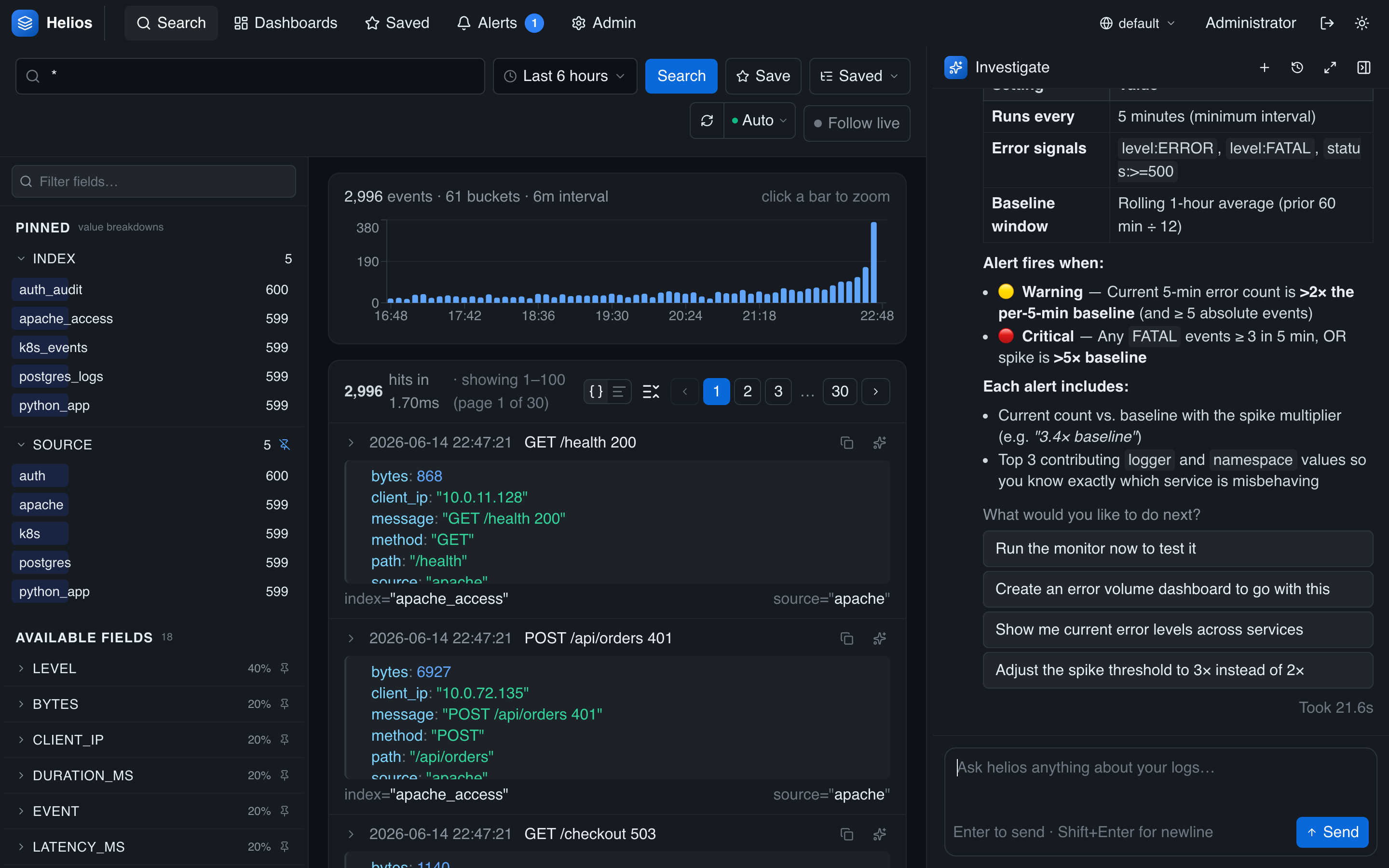 The agent creating a monitor from the conversation, turning a finding into a recurring alert