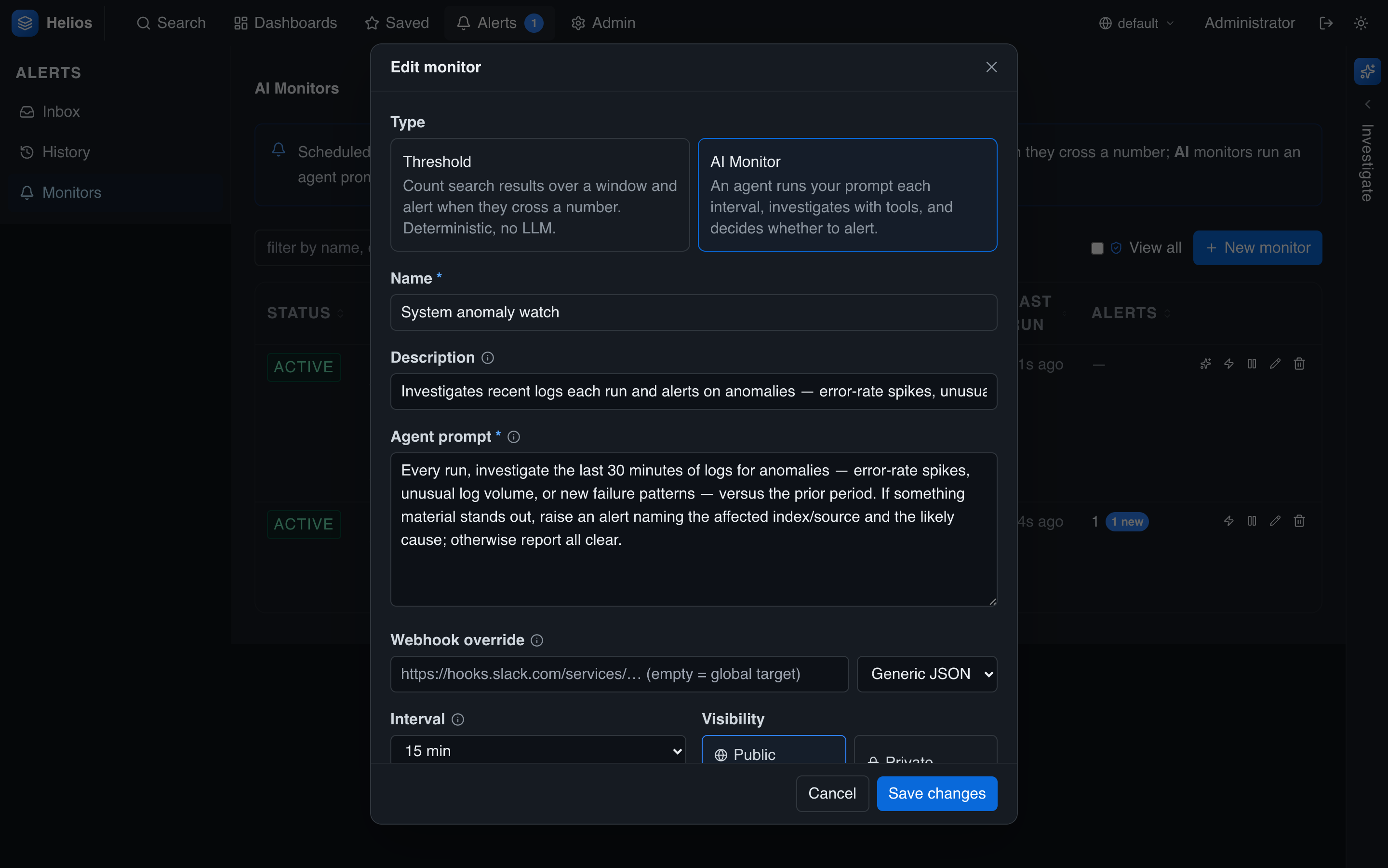 Creating an AI monitor: the agent prompt it evaluates each run, plus interval and visibility