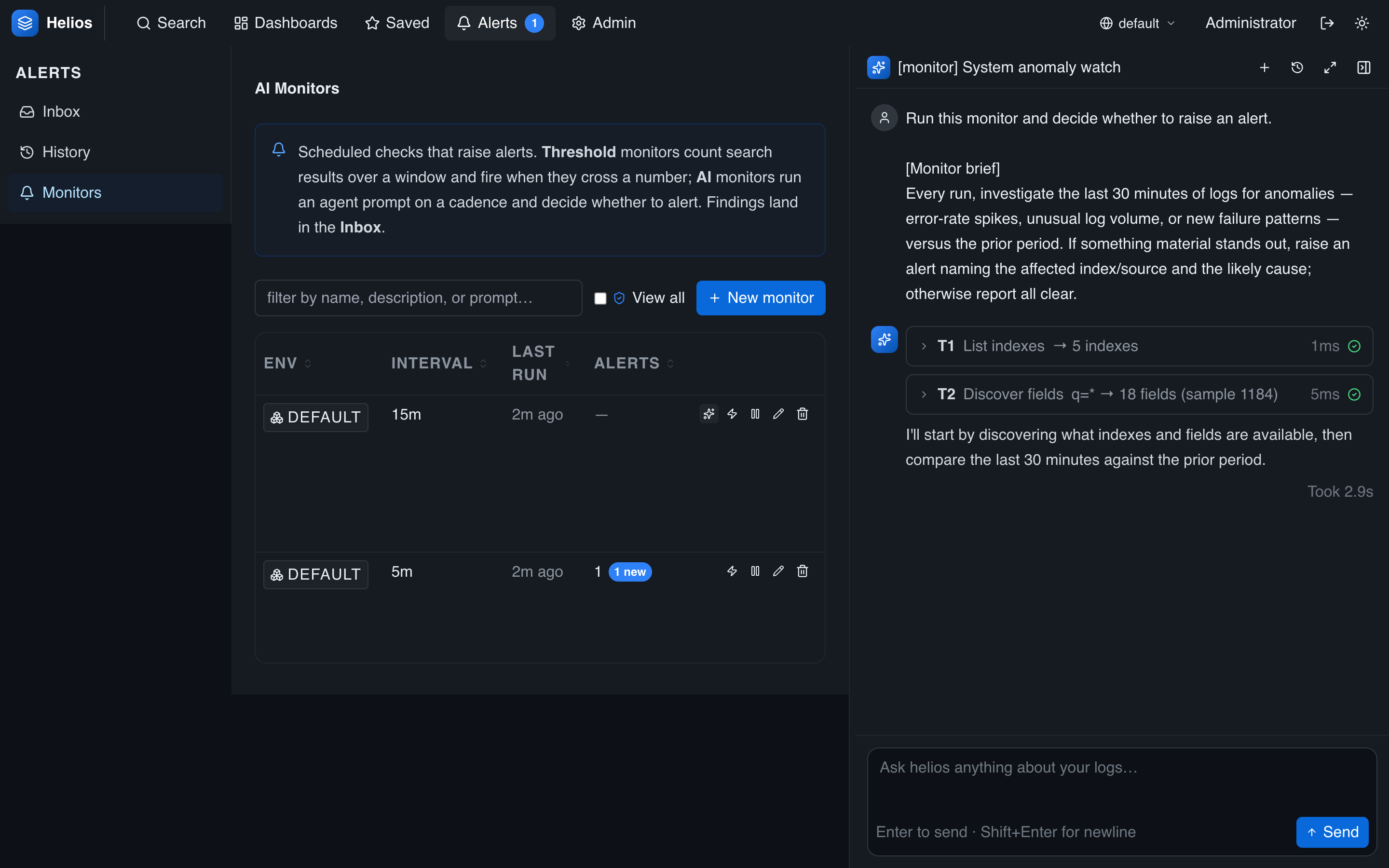 An AI monitor's latest run: the agent's investigation trace and verdict in the Investigate panel