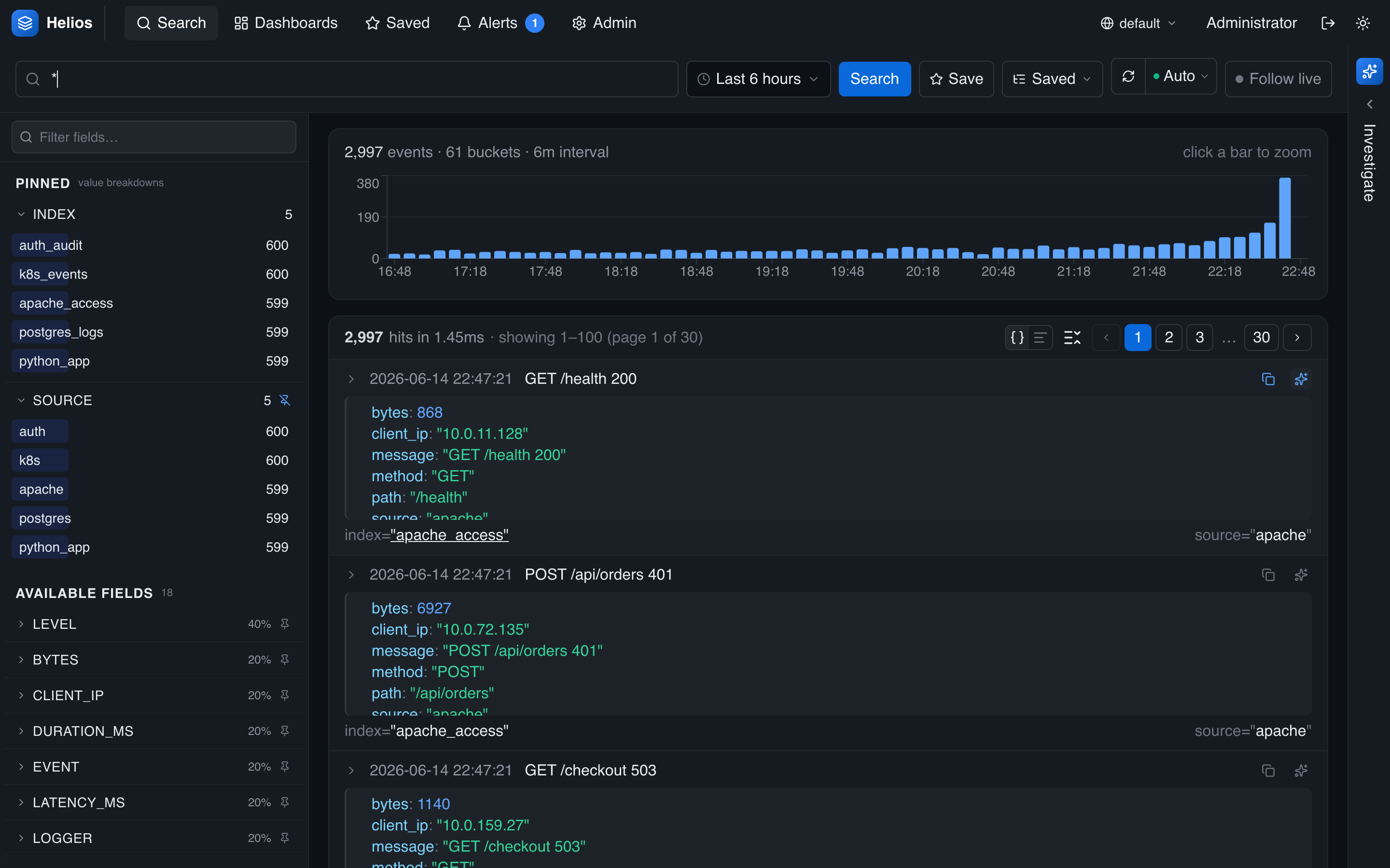 Hovering a search result reveals a one-click investigate icon for that log line