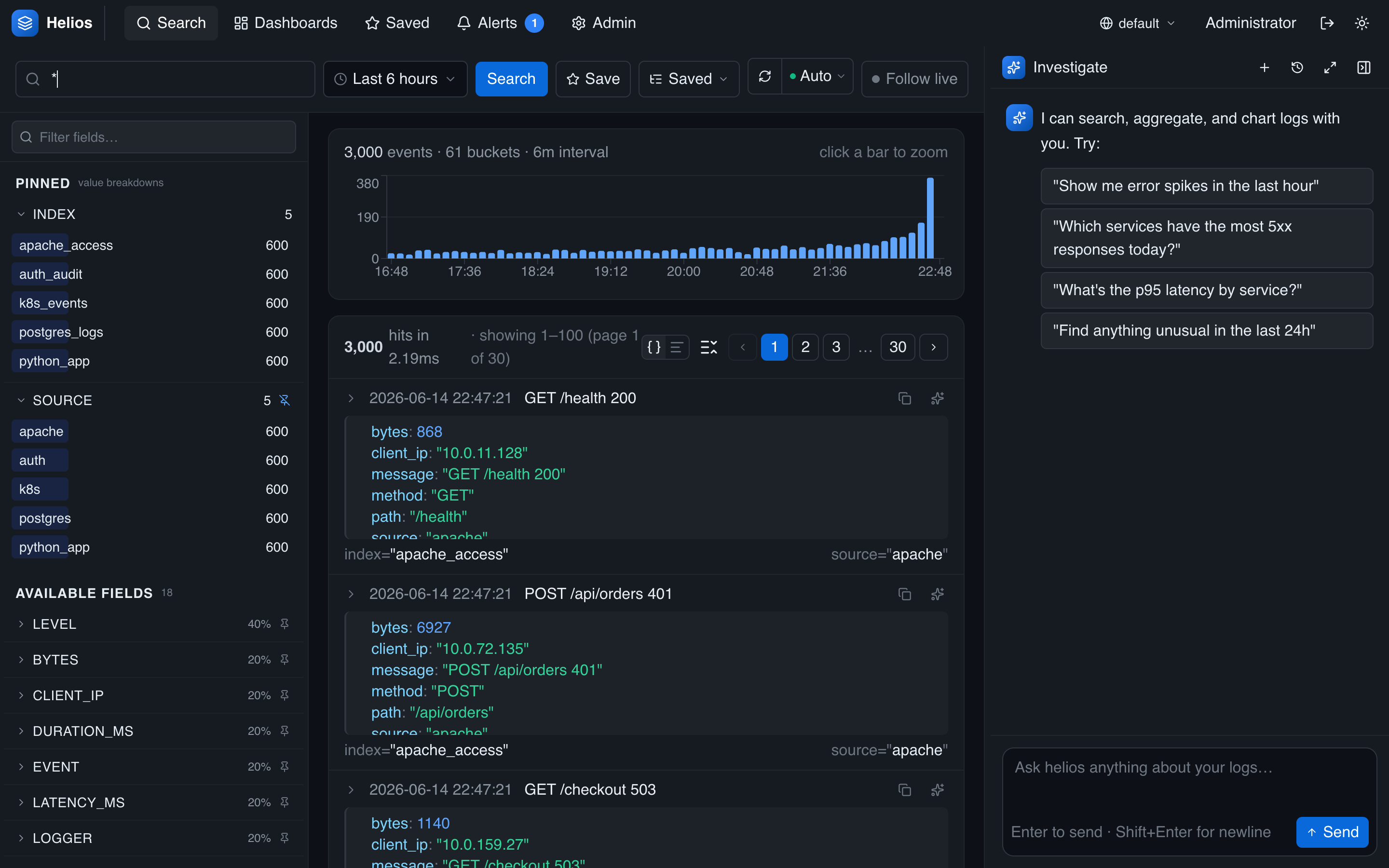 The Investigate panel open beside search results, ready to ask about your logs