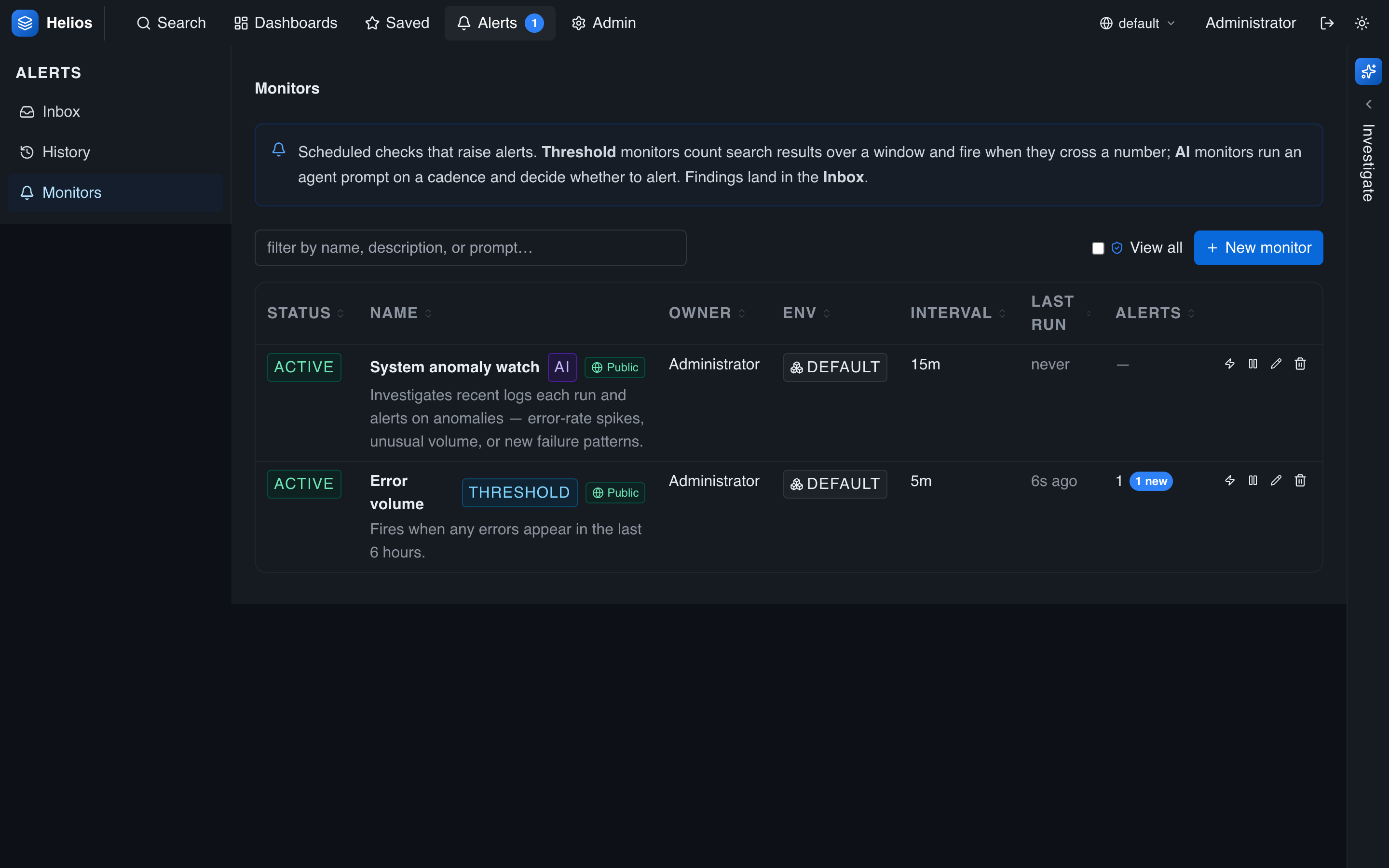 The Monitors list: threshold and AI monitors with their env, interval, last run, and alert counts