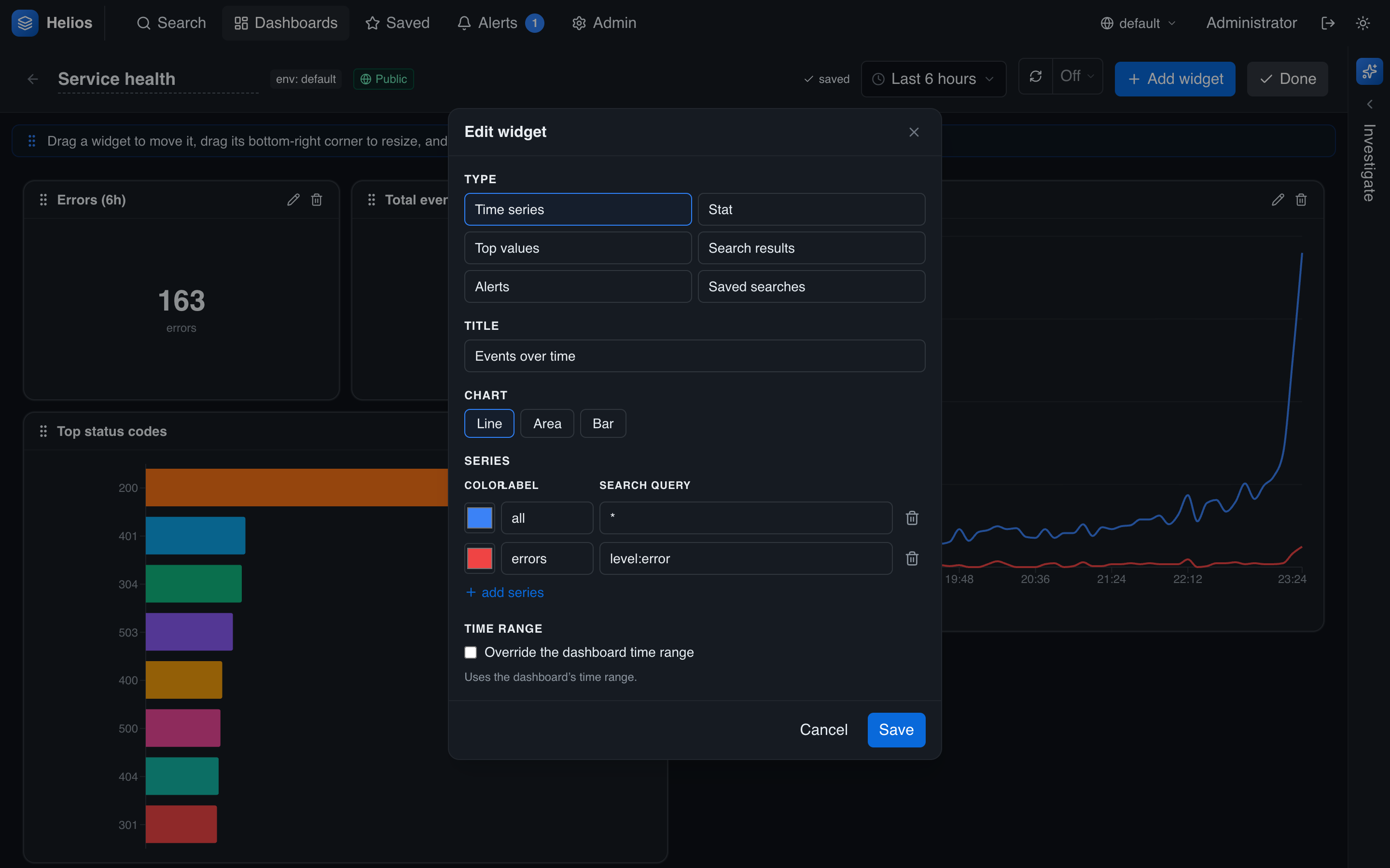 The widget editor: type picker, title, chart kind, and the query series for a time-series widget