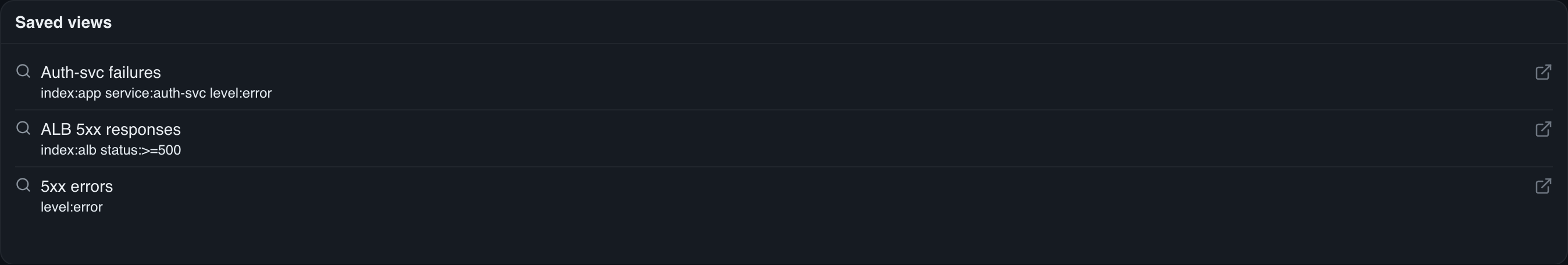 A saved-searches widget: one-click rows linking to saved searches